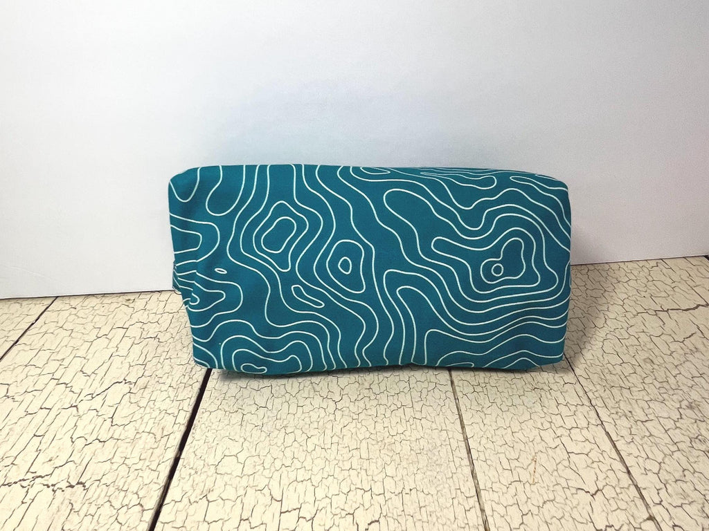 Teal Topography Zipper Pouch: Handmade Cotton Travel Organizer